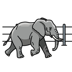 Fototapeta premium A cartoon elephant walks past a fence