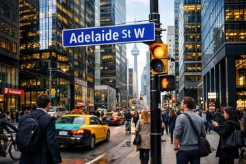 Naklejka premium Adelaide Street West sign in Toronto's financial area, Ontario, Canada