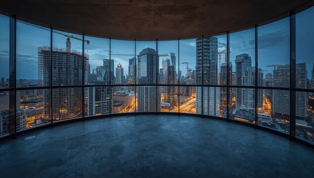 A vacant balcony with dark edges. Overlooking the developing business area