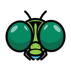 A cartoon-style green insect face with large eyes and antennae © Kopi
