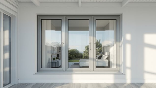 Aluminum casement window with three panels on a white wall