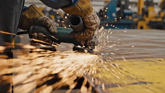Industrial worker grinding metal producing bright sparks manufacturing process