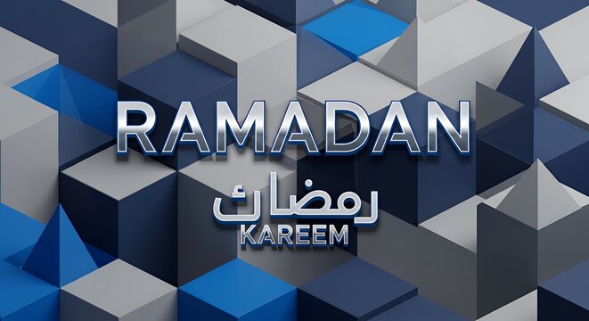Modern Ramadan Kareem greeting with shimmering silver text on a contemporary blue and gray geometric 3D cube pattern background for Islamic holy month celebrations and designs