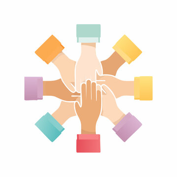 Hands united in a circle, teamwork and collaboration concept.