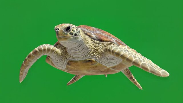 A magnificent ocean dwelling turtle elegantly navigates a vibrant green screen expanse, its powerful flippers propelling it forward, ideal for