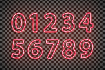 Red numbers font made with led neon tube isolated on transparent background. Light glowing effect numbers. Detailed vector illustration © boxerx