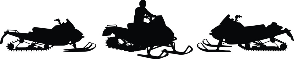 Collection of snowmobile silhouettes in side view isolated on white background, black winter vehicle vector set for extreme sport, adventure, and transport design