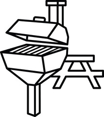 Fototapeta premium A simple line drawing of a barbecue grill with a picnic table beside it.