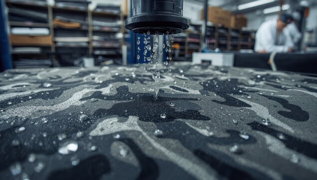 Close-up examination of a fabric's waterproofing in a textile factory or R&D lab