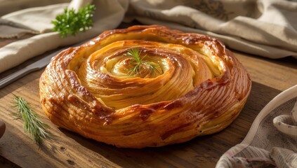 Close-up of cottage cheese snail pie on the table
