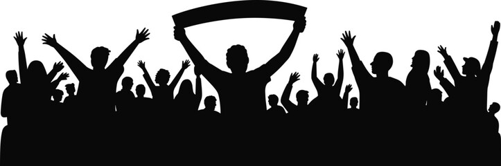 Silhouette of cheering crowd with raised hands and banner isolated on white background, black people vector illustration for celebration, concert, protest, and sports design © MSTNASRIN