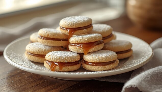 Close-up of freshly baked alfajores on a plate