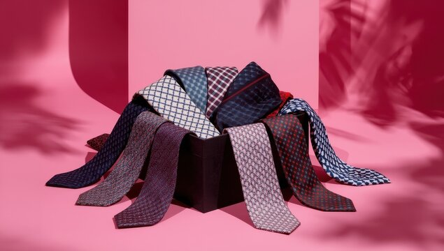 Container of various fashionable ties on a pink backdrop