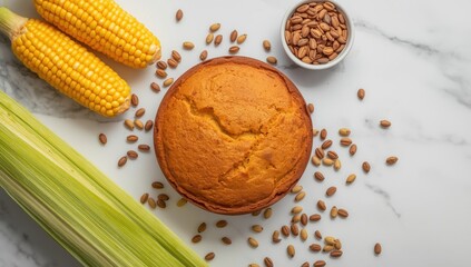 Cornbread, seeds, and cobs arranged on a white marble table, top view. Room for text
