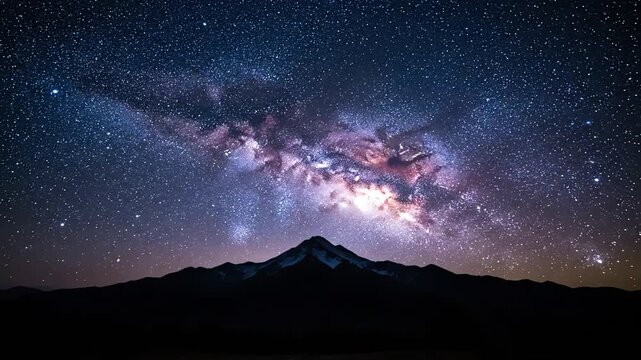A breathtaking landscape depicts a mountain range silhouetted against a vibrant night sky filled with a starry expanse
