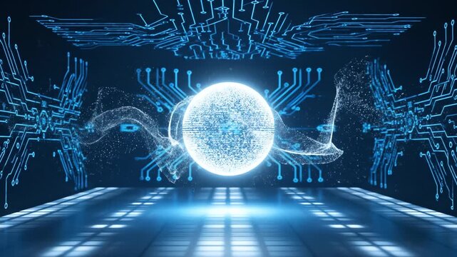 A digital art piece of a futuristic scene.  Central sphere emits energy, surrounded by circuits and particle trails, rendered in cool blue hues
