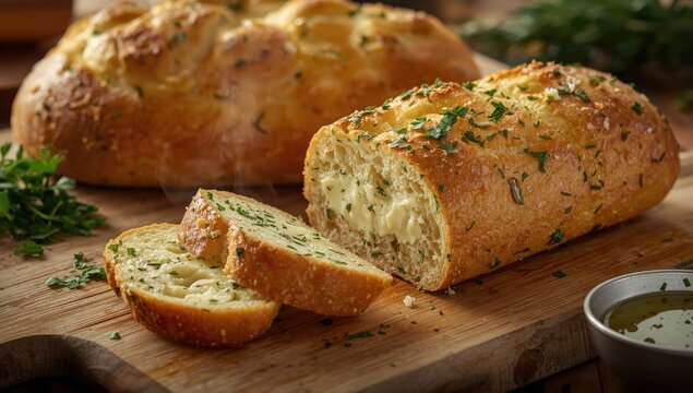 Delicious herb-infused garlic bread made from scratch. Baking garlic bread at home