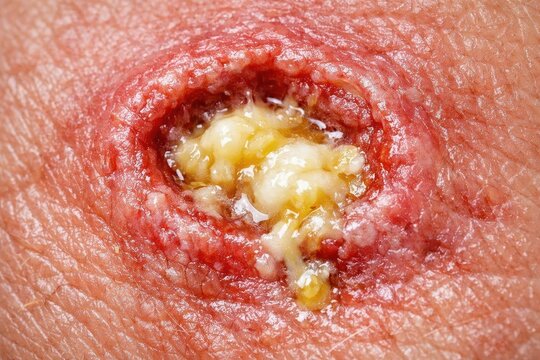 Detailed view of an infected cut on skin. Macro