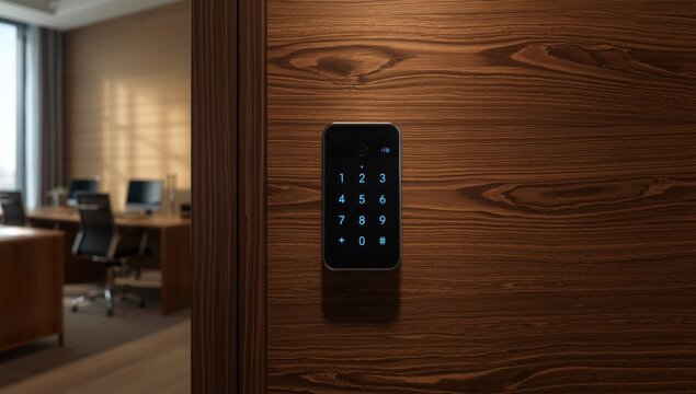Digital keypad for secure door access on a textured wood surface
