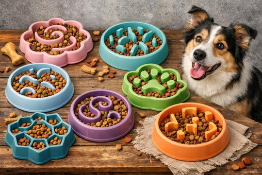 Dry dog food in slow feeding bowls on concrete surface
