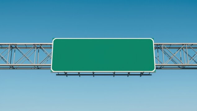 Empty green highway sign on metal frame. Clear blue sky. Room for text