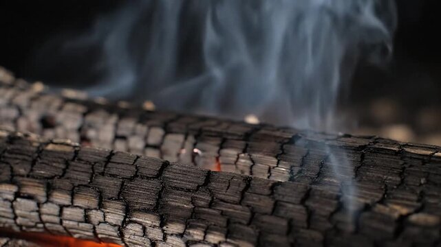 Burning wood logs with flames and wisps of smoke