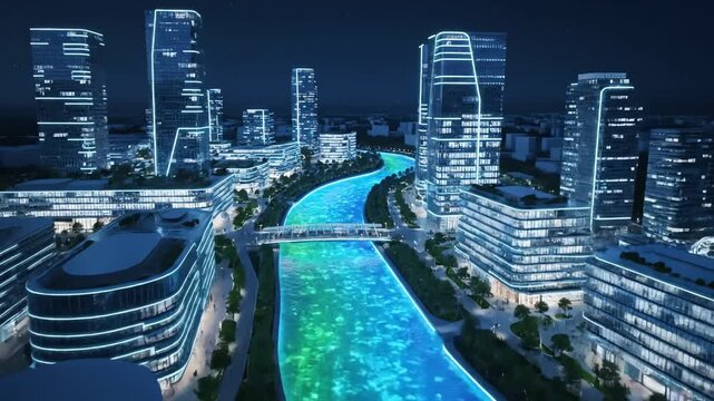 A futuristic cityscape at night, with towering skyscrapers illuminated with neon lights, flanking a glowing, teal-hued river. Bridges span the waterway, connecting buildings