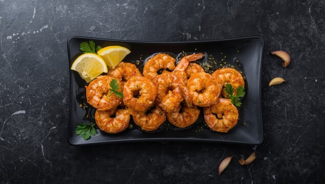 Garlic lemon shrimp saut&eacute;ed in a pan. Seafood. Set on a dark stone backdrop