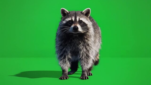 Captivating 3D animated raccoon performing various lifelike movements against a vibrant green screen, perfect for seamless visual effects