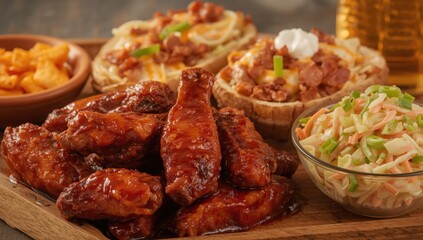 Grilled wings accompanied by potato skins and coleslaw