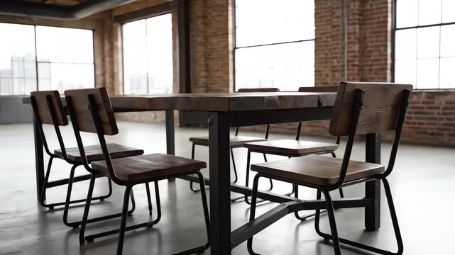A rustic wooden table and chairs sit in a bright room with exposed brick walls. Windows allow natural light