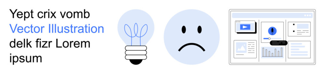 Obraz premium Education, problem-solving, creativity, IT design, software interfaces, visual communication. Sad face, light bulb UI screens with icons. Problem-solving and IT design concept