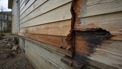 Obraz premium Improperly mounted deck ledger on wood siding caused significant dry rot and damage