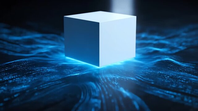 A pristine white cube floats amidst swirling blue energy, illuminated by a beam of light against a dark, atmospheric backdrop
