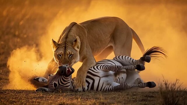 Lioness Hunts Zebra in Dramatic African Sunset.