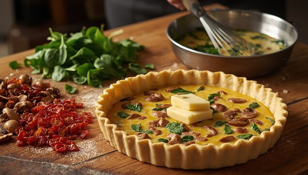 Making a French quiche with cheese, spinach, mushrooms, bacon, and sun-dried tomatoes