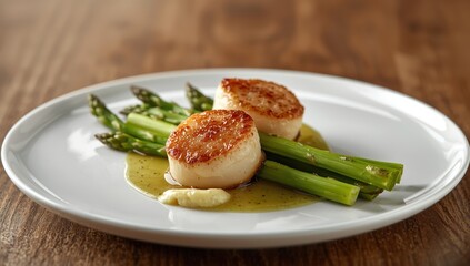 Modern plate featuring barbecue scallops with green and white asparagus in close-up