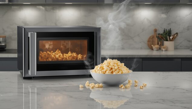 Microwave with bowl of popcorn and kernels on marble kitchen table
