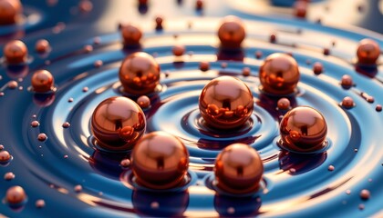 Fototapeta premium Metallic Spheres Flowing Liquid with Gold and Blue Hues