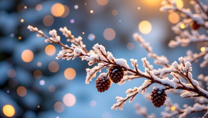 Frosted Winter Branch with Fairy Lights and Dreamy Bokeh