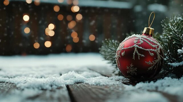 Red bauble in the snow with twinkling lights and a festive atmosphere