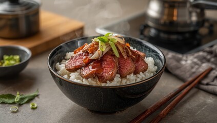 Rice bowl with beef and onions