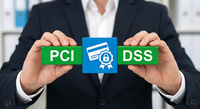 Concept of PCI DSS - Payment Card Industry Data Security Standard. Businessman holding colorful polystyrene blocks with PCIDSS payment security. neew