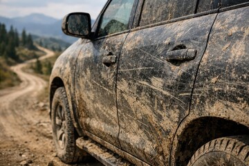 Soiled vehicle exterior with scratches and dirt after road use