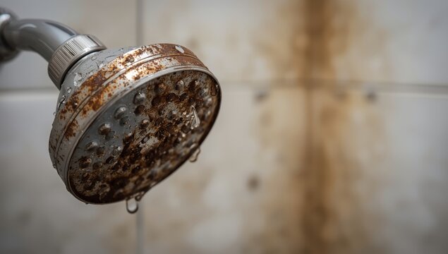 Soiled shower head with mineral deposits and corrosion