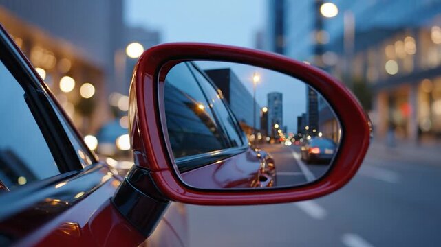 Red car side mirror reflection city street evening drive urban scene