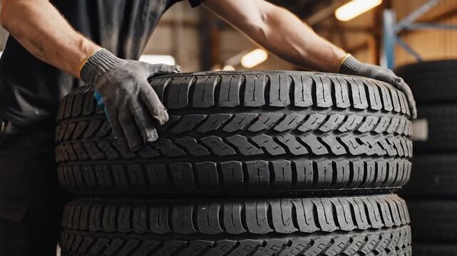 Automotive professional in work gloves inspects vehicle tires in a service center or industrial setting