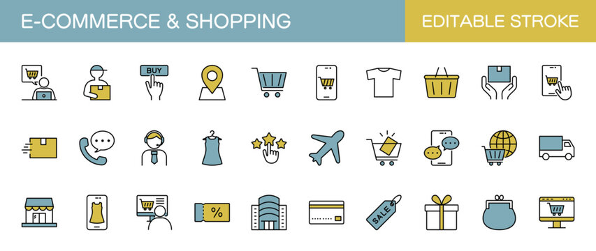 ECサイトやオンラインショッピングのラインアイコンセット（線幅変更可能・カラー）