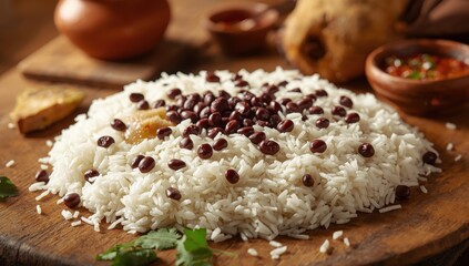 Fototapeta premium Table with rice and dark pigeon peas