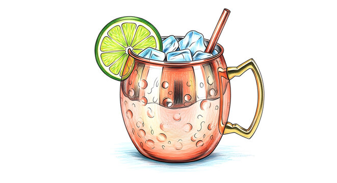 An artistic illustration of a Moscow Mule drink in a copper mug